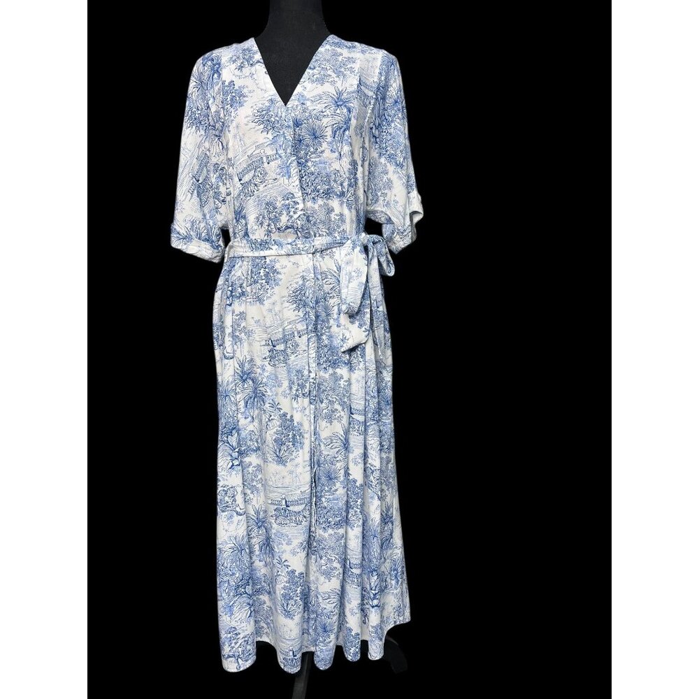 H&M Blue White Scenic Print Maxi Dress Women 0 Belted V-Neck Boho Summer - Picture 2 of 10